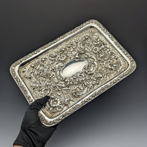 1909年 英国アンティーク 純銀 レリーフ彫刻 ドレッシングテーブルトレイ 354g W.G.Keight